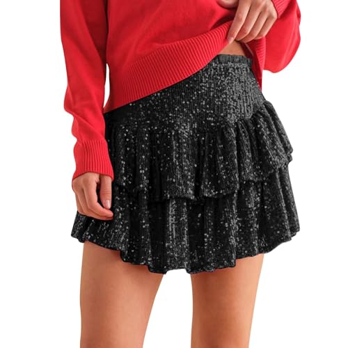 Pailletten Rock Damen Y2K Kurze Rüschen Pailletten Faltenrock Minirock A Linie Hohe Taille Skaterrock Party Club Mädchen Hosenrock Glitzer A-Linie Tanzrock mit Sicherheits Short Ballet Tutu Tanzkleid von Generic