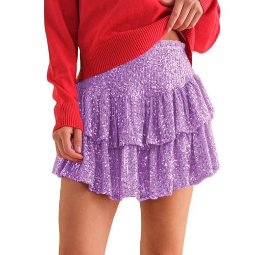 Pailletten Rock Damen Y2K Kurze Rüschen Pailletten Faltenrock Minirock A Linie Hohe Taille Skaterrock Party Club Mädchen Hosenrock Glitzer A-Linie Tanzrock mit Sicherheits Short Ballet Tutu Tanzkleid von Generic