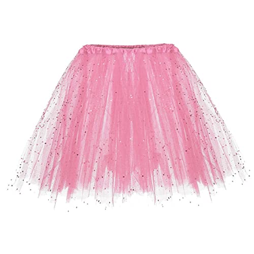 Pailletten Tüllrock Damen Karneval Kostüm 3-Lagiger Kurz Ballet Tanzkleid 50er Petticoat Tutu Unterrock Party Ballkleid Abendkleid Mädchen tütü Unterrock Abendkleid Minirock (X01-Pink, One Size) von Generic