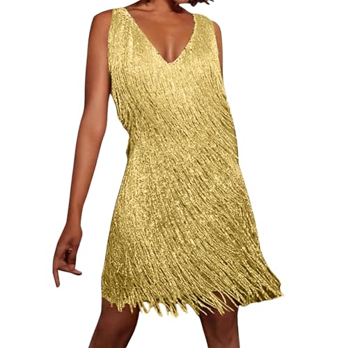Paillettenkleid Damen Fransen Kleid/Gold Disco Outfit 70s Damen-Kostüm 1920er Jahre Minikleid Flapper Kleider Pailletten Fransen Quaste Kleid Ärmellos Formal Cocktail Gala Kleid Kostüm von Generic