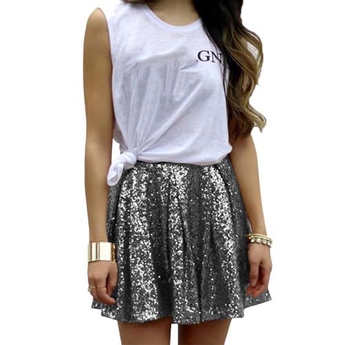 Paillettenrock Faltenrock Gold Rock Plisseerock Shiny Metallic Minirock Glitzer Kurz Rock Party Club Kostüm Faltenrock für Damen Teenager Mädchen Mini Tanz Tutu Hohe Taille Bauchtanz (H04-Grey, XXL) von Generic