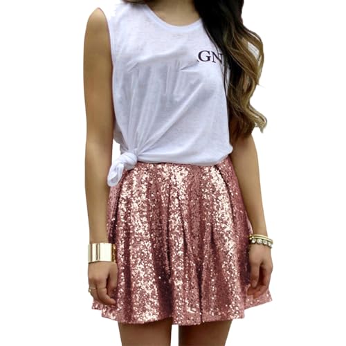 Paillettenrock Faltenrock Gold Rock Plisseerock Shiny Metallic Minirock Glitzer Kurz Rock Party Club Kostüm Faltenrock für Damen Teenager Mädchen Mini Tanz Tutu Hohe Taille Bauchtanz (H05-Pink, XXL) von Generic