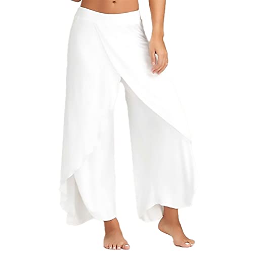 Palazzo Hose Damen Flowy Freizeithose mit Schlitz, Sommerhosen Damen Leicht und Luftig Hosen Wickelhose Weites Bein Yogahose Dünne Bequeme Sporthose für Frauen Bunte Schlaghose (A01-White, XXXL) von Generic