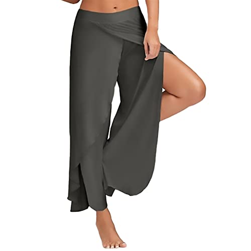 Palazzo Hose Damen Flowy Freizeithose mit Schlitz, Sommerhosen Damen Leicht und Luftig Hosen Wickelhose Weites Bein Yogahose Dünne Bequeme Sporthose für Frauen Bunte Schlaghose (A02-Dark Gray, XXXXL) von Generic