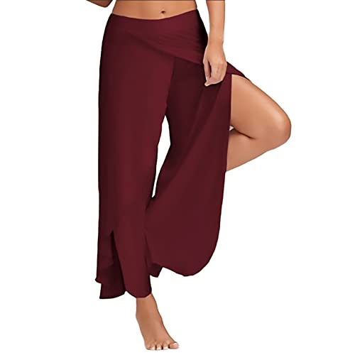 Palazzo Hose Damen Flowy Freizeithose mit Schlitz, Sommerhosen Damen Leicht und Luftig Hosen Wickelhose Weites Bein Yogahose Dünne Bequeme Sporthose für Frauen Bunte Schlaghose (A02-Wine, XL) von Generic