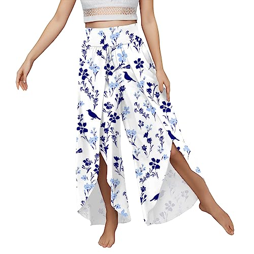 Palazzo Hose Damen Sommer,Hosenrock Damen Lang,Sommerhose Damen Leicht Blumen Culottes Hosen Elegant Caprihose Stretch Boho Hose Weites Bein Freizeithose Wickelhose Yoga Sporthosen mit Schlitz von Generic