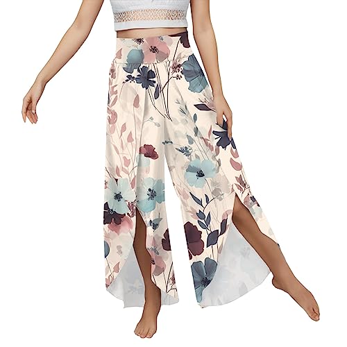 Palazzo Hose Damen Sommer,Hosenrock Damen Lang,Sommerhose Damen Leicht Blumen Culottes Hosen Elegant Caprihose Stretch Boho Hose Weites Bein Freizeithose Wickelhose Yoga Sporthosen mit Schlitz von Generic