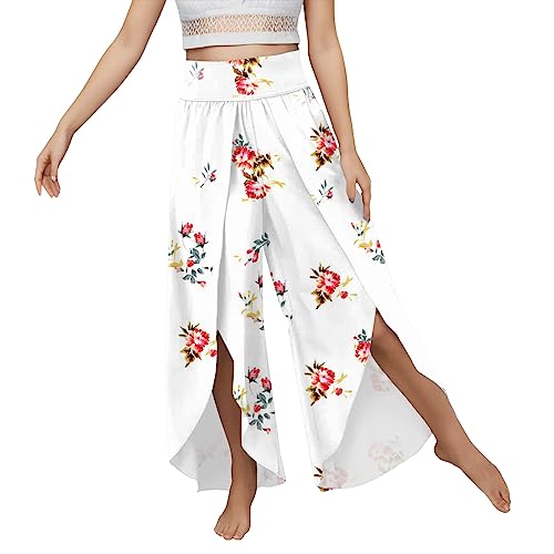 Palazzo Hose Damen Sommer,Hosenrock Damen Lang,Sommerhose Damen Leicht Blumen Culottes Hosen Elegant Caprihose Stretch Boho Hose Weites Bein Freizeithose Wickelhose Yoga Sporthosen mit Schlitz von Generic
