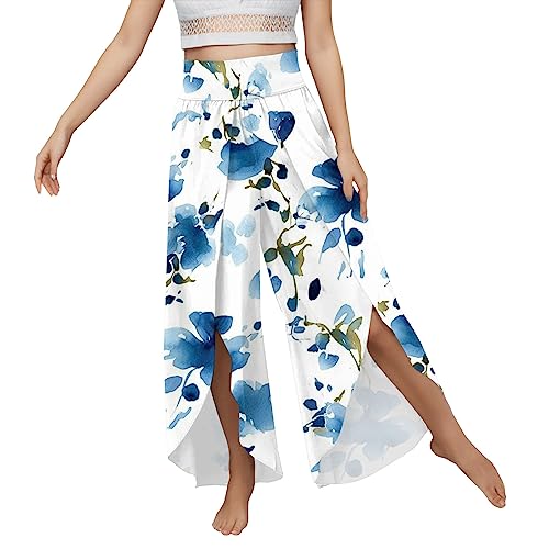 Palazzo Hose Damen Sommer,Hosenrock Damen Lang,Sommerhose Damen Leicht Blumen Culottes Hosen Elegant Caprihose Stretch Boho Hose Weites Bein Freizeithose Wickelhose Yoga Sporthosen mit Schlitz von Generic