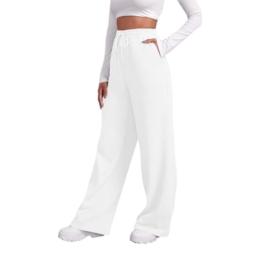 Sweathose Damen Lang Weites Bein Hosen Mit Kordelzug High Waist Geradem Lang Hose Leicht Casual Yogahose Mit Taschen Bequeme Baggy Sporthose Gym Fitness Sweathose Loose Fit Freizeithose Outdoorhose von Generic