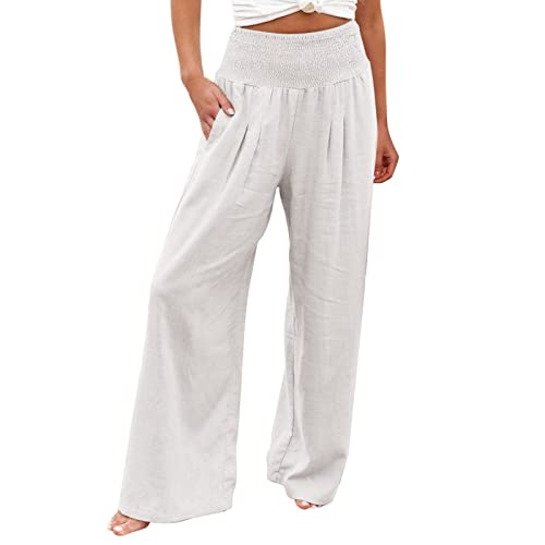 Palazzo Hose Damen Sommer Sommerhose High Waist Elastische Taille Plissee Hosen Loose Fit Einfarbig Freizeithose Baggy Bequeme Leinenhose Leicht Baumwolle Lang Pants Bottoms Größen 3XL-5X von Generic