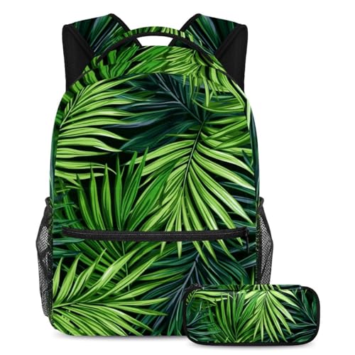 Palmblätter-Schulranzen-Set mit großem Fassungsvermögen Rucksack und Federmäppchen für Jungen, Mädchen, Teenager, 2-teilig, Mehrfarbig Nr. 04, B：29.4x20x40cm P：19x7.5x3.8cm, Tagesrucksäcke von Generic