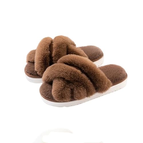 Pantoffeln Damen Kreuzband Mode Innen Plüsch Winter Warm Cosy Flauschig Offene Zehe Haus Baumwolle Hausschuhe 37-38 EU,Kaffee von Generic