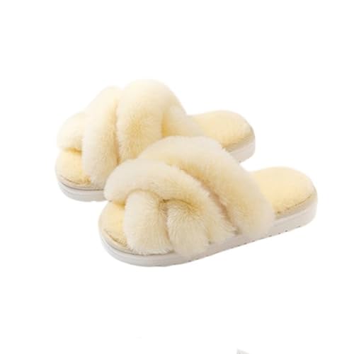 Pantoffeln Damen Kreuzband Mode Innen Plüsch Winter Warm Cosy Flauschig Offene Zehe Haus Baumwolle Hausschuhe 41-42 EU,Gelb von Generic