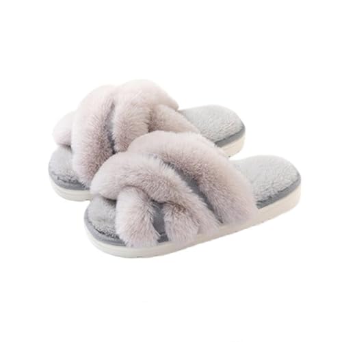 Pantoffeln Damen Kreuzband Mode Innen Plüsch Winter Warm Cosy Flauschig Offene Zehe Haus Baumwolle Hausschuhe 41-42 EU,Grau von Generic