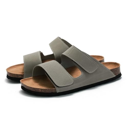 Pantoletten Damen Herren Leder Weich mit Kork-Fußbett Klettverschluss Hausschuhe,Slipper Mode In-Outdoor Strandschuhe Frost Stil (Grau, EU Schuhgrößensystem, Erwachsene, Numerisch, M, 40) von Generic