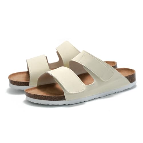 Pantoletten Damen Herren Leder Weich mit Kork-Fußbett Klettverschluss Hausschuhe,Slipper Mode In-Outdoor Strandschuhe Frost Stil (Weiss, EU Schuhgrößensystem, Erwachsene, Numerisch, M, 40) von Generic
