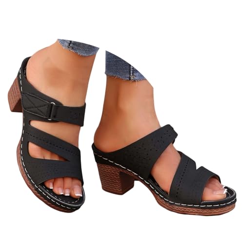 Pantoletten Damen mit Absatz Sandalen Elegant Schlappen Pumps Sommerschuhe mit Blockabsatz Bequeme Casual Orthopädische Sandalen Freizeit Open Toe High Heels Hausschuhe Schnallensandalen von Generic