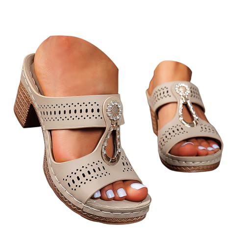 Pantoletten Damen mit Absatz Sandalen Elegant Schlappen Pumps Sommerschuhe mit Blockabsatz Bequeme Casual Orthopädische Sandalen Freizeit Open Toe High Heels Hausschuhe Schnallensandalen von Generic