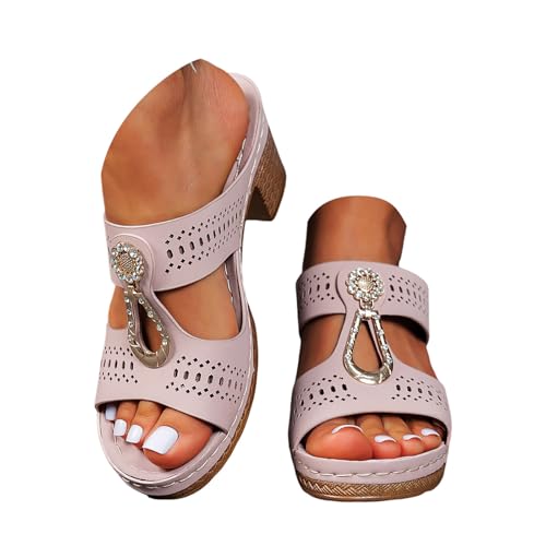 Pantoletten Damen mit Absatz Sandalen Elegant Schlappen Pumps Sommerschuhe mit Blockabsatz Bequeme Casual Orthopädische Sandalen Freizeit Open Toe High Heels Hausschuhe Schnallensandalen von Generic