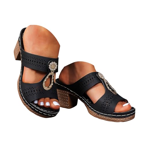 Pantoletten Damen mit Absatz Sandalen Elegant Schlappen Pumps Sommerschuhe mit Blockabsatz Bequeme Casual Orthopädische Sandalen Freizeit Open Toe High Heels Hausschuhe Schnallensandalen von Generic