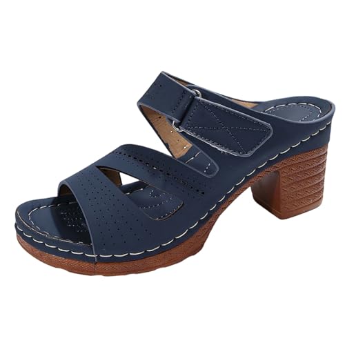 Pantoletten Damen mit Absatz Sandalen Elegant Schlappen Pumps Sommerschuhe mit Blockabsatz Bequeme Casual Orthopädische Sandalen Freizeit Open Toe High Heels Hausschuhe Schnallensandalen von Generic