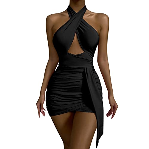 Partykleid Damen Elegant Einfarbig One Shoulder Langarm Stretch Bodycon Minikleid Mode Aushöhlen Figurbetont Bleistiftkleid Hüftpaket Wickelkleider Festkleid Abendkleid(H Black,S) von Generic