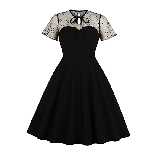 Partykleid Damen Elegant Mesh Stitching Rundhals Langarm Minikleid Cocktailkleid Abendkleid Mesh Partykleid Skaterkleid Hohe Taille A Linie Festliches Kleid Club Festkleid(C Schwarz,XL) von Generic