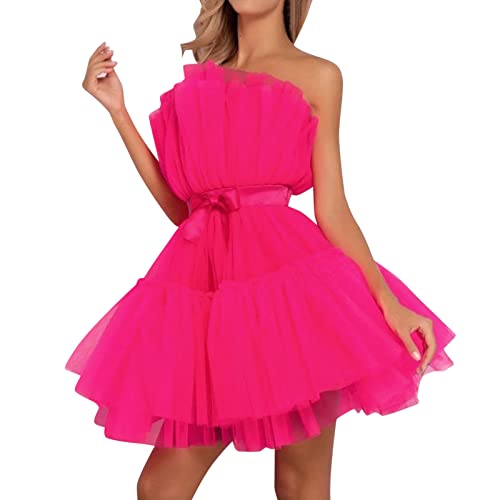Partykleid Damen Elegant Tüllkleid Damen Kurzes Ballkleid Flauschiges Prinzessinnen-Minikleid Trägerloses Mesh-Plissee-Cocktailpartykleid Klassentreffenkleid Brautkleid (Hot Pink, XL) von Generic