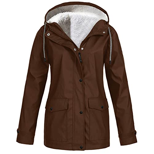Patchwork Damen Mantel Frauen plüscher Regen Outdoor-Plus Größe Kapuziner-Regenmantel Windfeste Jacke Fleecejacke Damen Schwarz 52 (Brown, XXL) von Generic