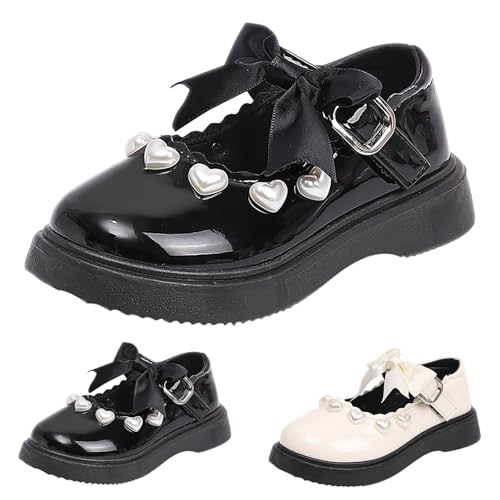 Patent Mary Jane Mädchen Fliege Herz Dekorieren Prinzessin Ballerinas Flache Schulschuhe Weicher Boden Abendschuhe Brautschuhe Flach Hochzeit Party Rutschfeste (Black, 30.5 Little child) von Generic