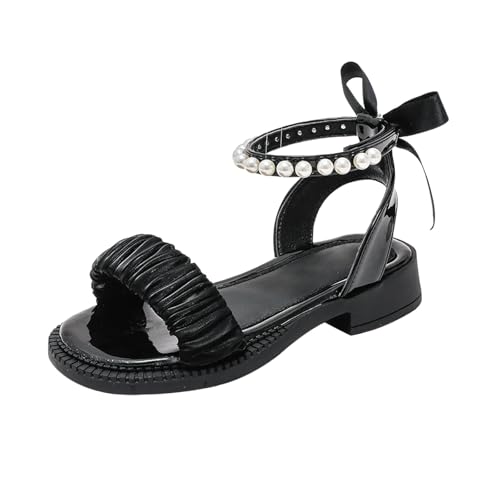 Patent Sandale Kinder Prinzessin Helle Sohle Schuhe Superfit Sandalen 𝗦ommer Leder Abendschuhe Flache Schuhe Hochzeit Weicher Boden Abendschuhe Brautschuhe Flach (Black, 27) von Generic