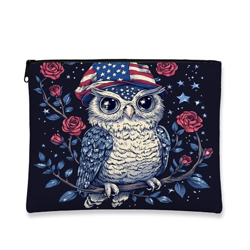 Patriotische Canvas-Tasche mit Reißverschluss, Eulen-Kosmetik-Reisetasche für Frauen, tragbare kleine Make-up-Tasche, Organizer, Urlaubsgeschenk, Kulturbeutel, Hautpflege-Tasche, Marineblau, 7x9 Inch von Generic