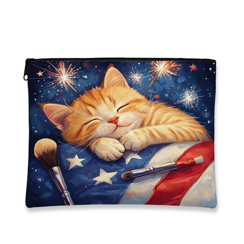 Patriotische Make-up-Tasche, 4. Juli, Kätzchen-Feier, Kosmetiktasche mit Reißverschluss für Reisen, tragbarer kleiner Canvas-Organizer, Urlaubs-, Festival-Schönheitskulturbeutel, Orange/Abendrot im Patriotische Make-up-Tasche, 4. Juli, Kätzchen-Feier, Kosmetiktasche mit Reißverschluss für Reisen, tragbarer kleiner Canvas-Organizer, Urlaubs-, Festival-Schönheitskulturbeutel, Orange/Abendrot im von Generic