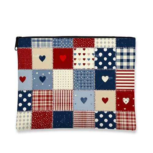 Patriotische Patchwork-Make-up-Tasche, gesteppt, Kosmetiktasche für Damen, stilvoller Reißverschluss-Organizer, Urlaubsgeschenk, Kulturbeutel, Rot/Ausflug, einfarbig (Getaway Solids), 7x9 Inch von Generic