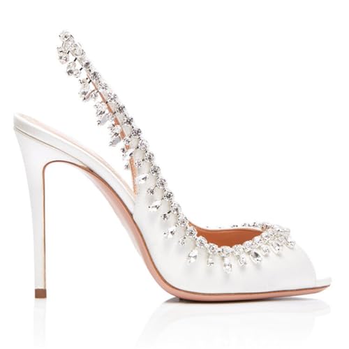 Peep Toe Strass Stiletto Satin Heels Slip On Frauen Party Pumps Elegante High Heels Schuhe Formelle Abendschuhe Kleid Slim Heel Sandalen,Weiß,44 EU von Generic