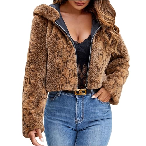 Pelzimitat Damen mit Kapuze Kurz Leopardenmuster Imitation Pelzjacke Warme Schlangenmuster Kapuzenjacke Übergangsjacke Durchgehender Reißverschluss Mantel Teenager Mädchen Outdoorjacken Streetwear von Generic