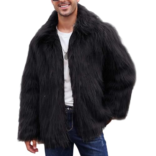 Pelzmantel Herren Kunstfell Felljacke Plüsch Winterjacke Revers Faux Pelz Jacke Winter Pelzjacke Warm Kurzmantel Verdickt Wintermantel Parka Mantel Sale Schwarz XXL von Generic