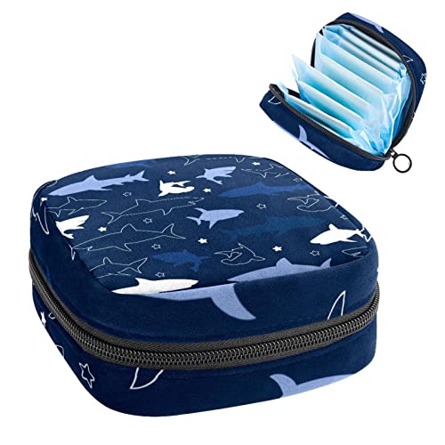 Period Pouch Tragbare Tampon-Aufbewahrungstasche, Tampon-Halter für Geldbörse, feminines Produkt-Organizer, Meerestier, Hai-Bild-Muster, Marineblau, Mehrfarbig, 4.7x6.6x6.6 in/12x17x17 cm von Generic