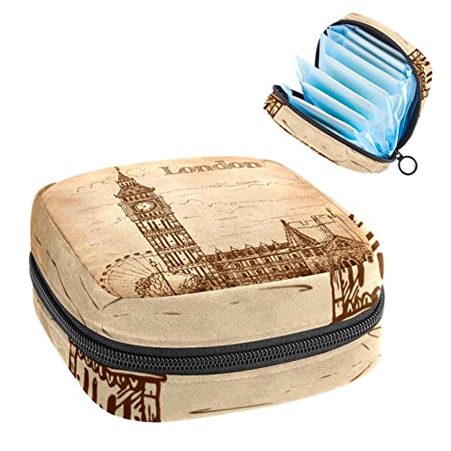 Period Pouch Tragbare Tampon-Aufbewahrungstasche, Tampon-Halter für Geldbörse, feminines Produkt-Organizer, Retro London Big Ben Riesenrad, Mehrfarbig, 4.7x6.6x6.6 in/12x17x17 cm von Generic