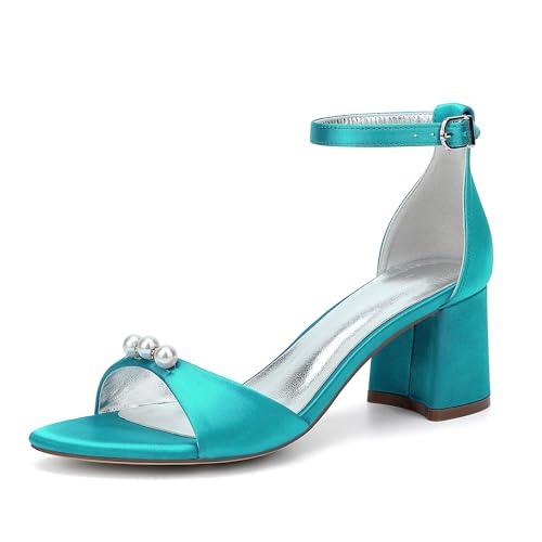 Perlen-Hochzeitsschuhe Die Bridal High Heels Peep Toe Blockabsätze Damen-Sandalen Für Abschlussball Party Dress 6.5Cm,Blue Green,36 EU von Generic