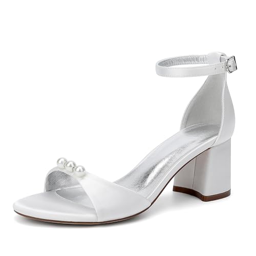 Perlen-Hochzeitsschuhe Die Bridal High Heels Peep Toe Blockabsätze Damen-Sandalen Für Abschlussball Party Dress 6.5Cm,Elfenbein,42 EU von Generic