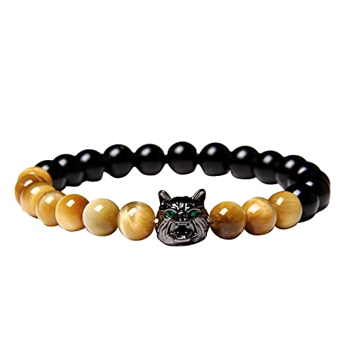 Perlen für armbänder Armschmuck Wolfskopf-Charm-Amethyst-Kristall-Armband mit runden Perlen Natürliches Tigerauge-Armband Lava-Perlen-Armband Armkette- Mädchen (O, A) von Generic