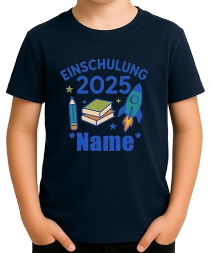 Personalisierbares Einschulung 2025 Motiv mit Rakete Stift und Büchern für Schulstart 1. Klasse Name anpassbar Geschenkidee für Jungen und Mädchen Schulkind Design Kinder T-Shirt von Generic