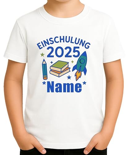 Personalisierbares Einschulung 2025 Motiv mit Rakete Stift und Büchern für Schulstart 1. Klasse Name anpassbar Geschenkidee für Jungen und Mädchen Schulkind Design Kinder T-Shirt von Generic