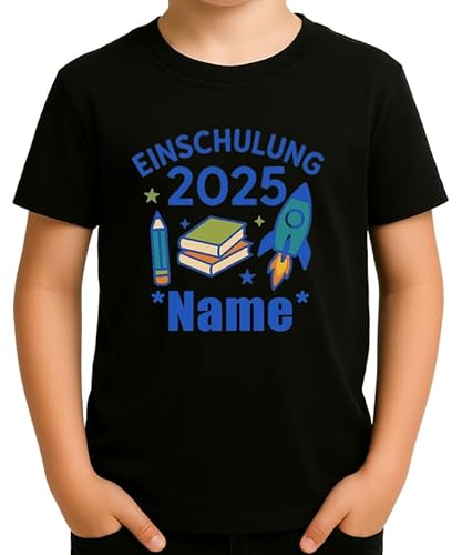 Personalisierbares Einschulung 2025 Motiv mit Rakete Stift und Büchern für Schulstart 1. Klasse Name anpassbar Geschenkidee für Jungen und Mädchen Schulkind Design Kinder T-Shirt von Generic