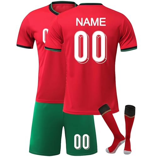 Personalisierbares Kinder Fußballtrikot Set 2024/2025 – Trikot mit Name/Nummer + Shorts und Stutzen – Komplettes Heim-/Auswärts-Set – für Jungen Mädchen Portugal-Fußballtrikot von Generic