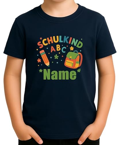 Personalisierbares Schulkind ABC Design mit Ranzen und Stift für Einschulung 1. Klasse bunter Schulstart Look mit Name anpassbar Geschenkidee für Jungen und Mädchen Kinder T-Shirt von Generic