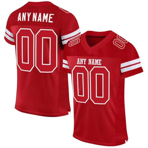 Personalisiert American Football Trikots mit Team Name Number Logo Personalized Jerseys für Herren Damen Jugend Vorschule Schnelltrocknend Atmungsaktiv Sporthemden Rot von Generic