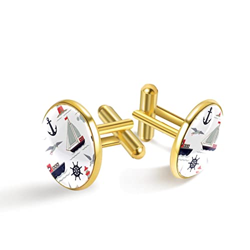 Personalisierte Gold Manschettenknöpfe für Smoking Hemd Anker Boote Segeln Schiff Möwe, 20mm*20mm, Edelstahl, Künstlicher Quarz von Generic